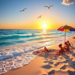 A serene beach scene with vibrant colors, featuring crystal-clear water reflecting the sun, soft white sand, and playful waves