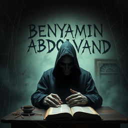 A mysterious figure wearing a black coat and a black hat, shrouded in an aura of supernatural powers with a concealed face