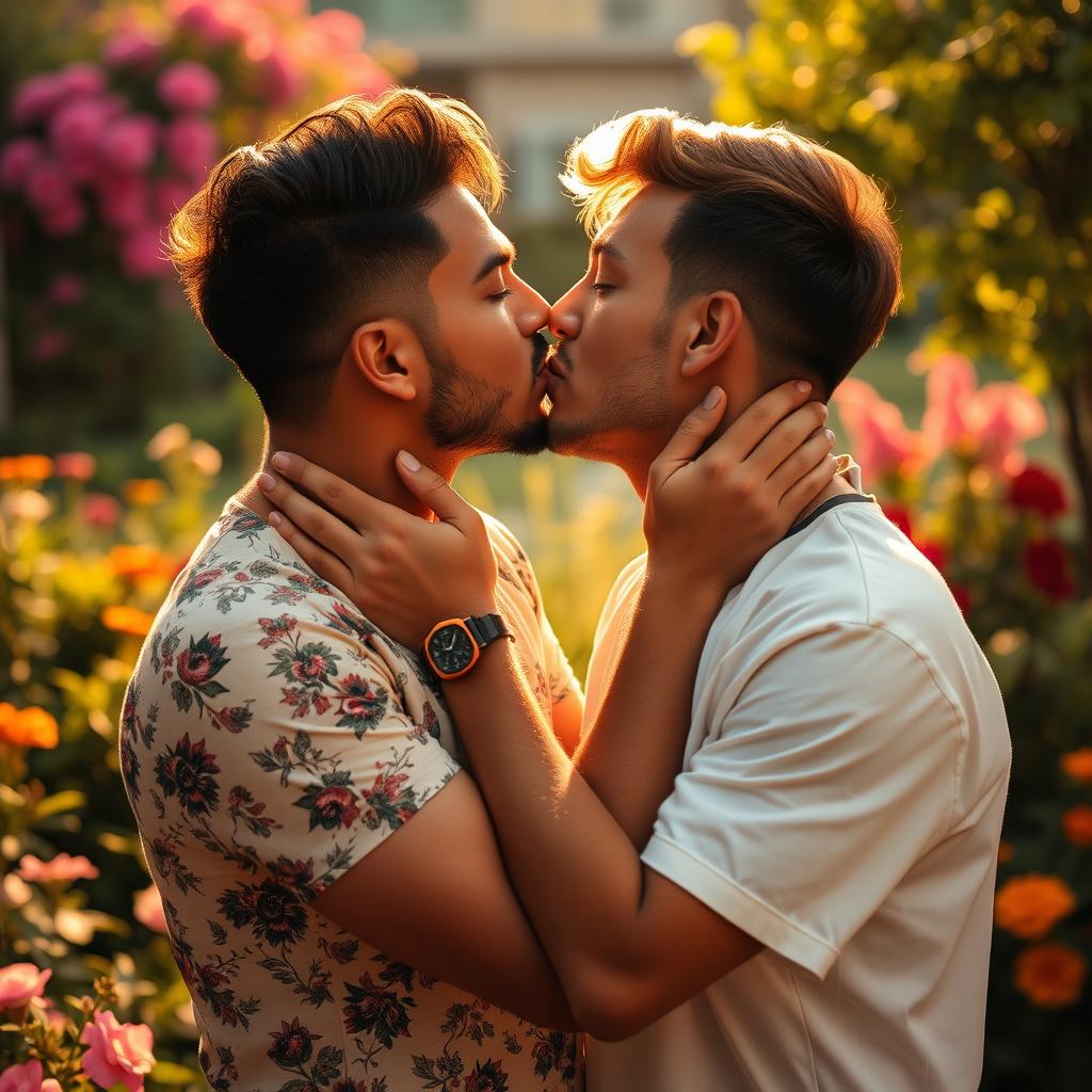 A romantic scene of two men sharing a passionate kiss, illuminated by soft, warm lighting