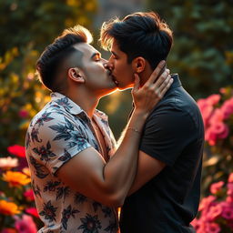 A romantic scene of two men sharing a passionate kiss, illuminated by soft, warm lighting
