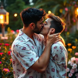 A romantic scene of two men sharing a passionate kiss, illuminated by soft, warm lighting