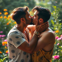 A romantic scene of two men sharing a passionate kiss, illuminated by soft, warm lighting