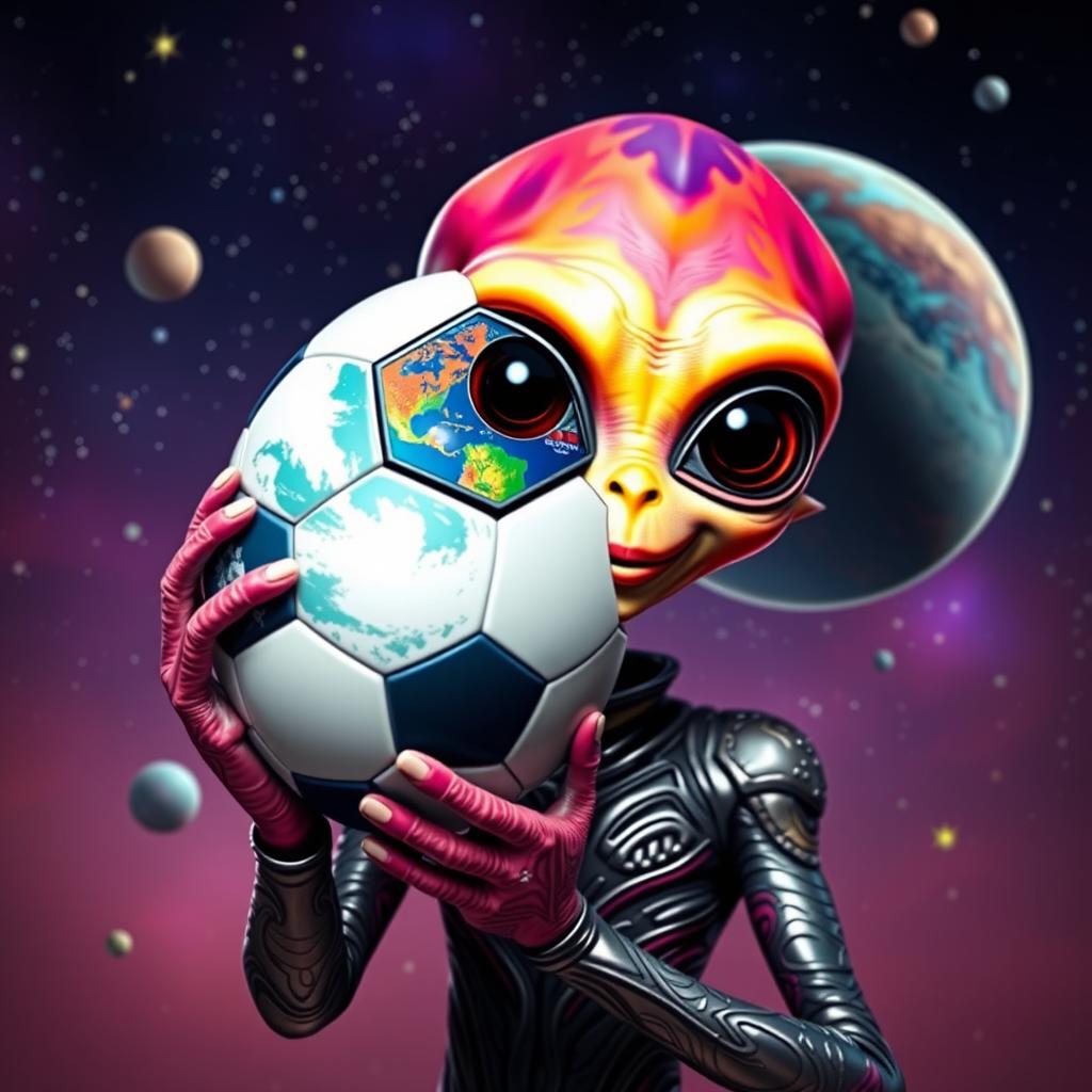 An alien holding a soccer ball with a Messi mask instead of Earth