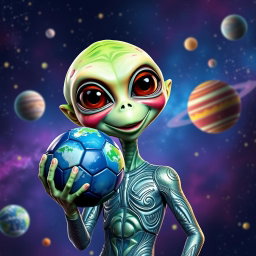 An alien holding a soccer ball with a Messi mask instead of Earth
