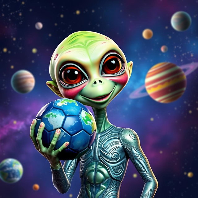 An alien holding a soccer ball with a Messi mask instead of Earth