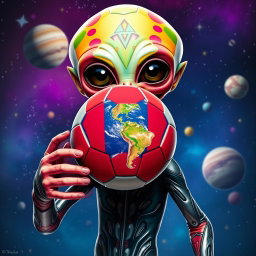 An alien holding a soccer ball with a Messi mask instead of Earth