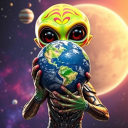 An alien holding a soccer ball with a Messi mask instead of Earth