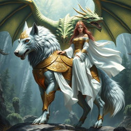 A magnificent silver wolf adorned in ornate golden armor, standing fiercely in a poised stance