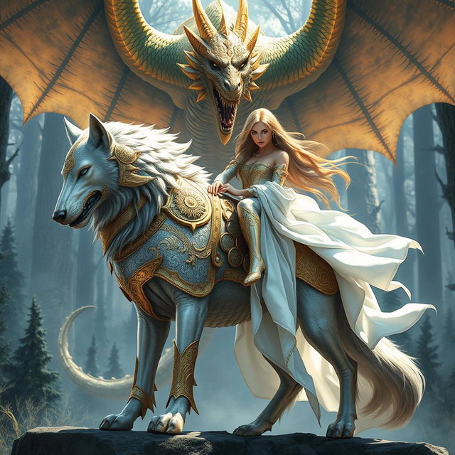 A magnificent silver wolf adorned in ornate golden armor, standing fiercely in a poised stance