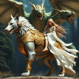 A magnificent silver wolf adorned in ornate golden armor, standing fiercely in a poised stance