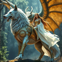 A magnificent silver wolf adorned in ornate golden armor, standing fiercely in a poised stance