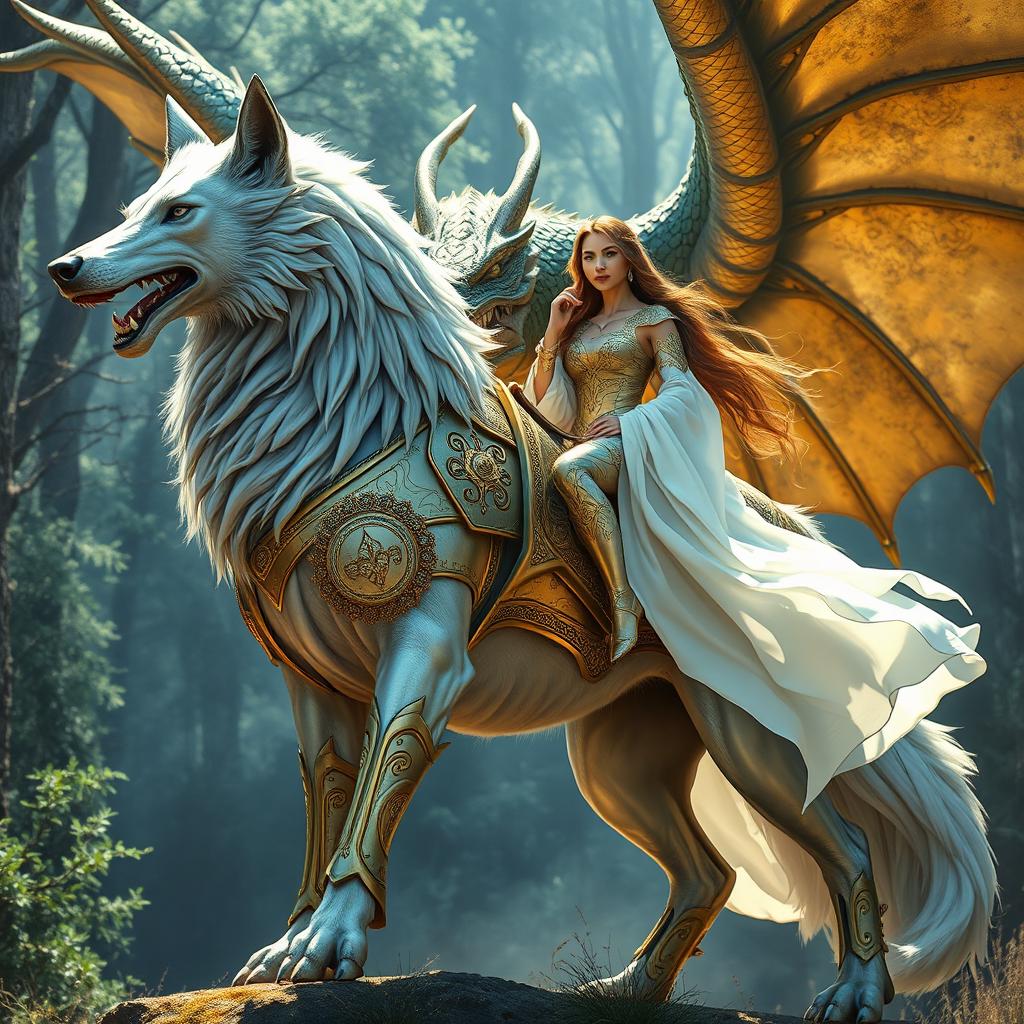 A magnificent silver wolf adorned in ornate golden armor, standing fiercely in a poised stance