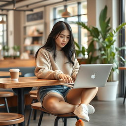 A stylish Asian college girl sitting at a wooden table in a modern café, wearing a casual outfit that includes a trendy oversized sweater, denim shorts, and white sneakers