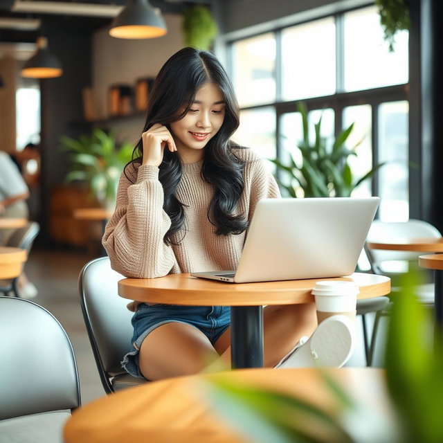 A stylish Asian college girl sitting at a wooden table in a modern café, wearing a casual outfit that includes a trendy oversized sweater, denim shorts, and white sneakers