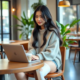 A stylish Asian college girl sitting at a wooden table in a modern café, wearing a casual outfit that includes a trendy oversized sweater, denim shorts, and white sneakers