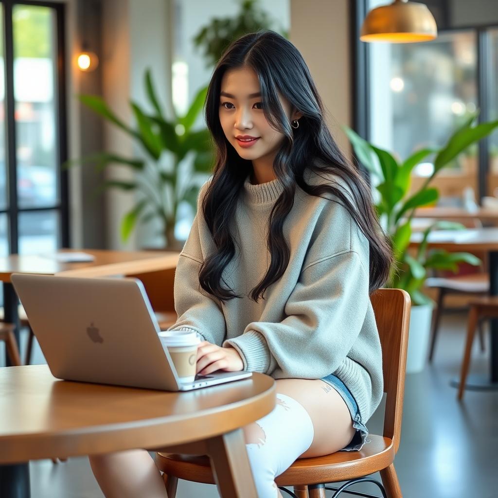 A stylish Asian college girl sitting at a wooden table in a modern café, wearing a casual outfit that includes a trendy oversized sweater, denim shorts, and white sneakers