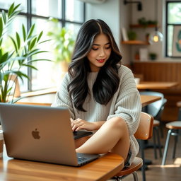 A stylish Asian college girl sitting at a wooden table in a modern café, wearing a casual outfit that includes a trendy oversized sweater, denim shorts, and white sneakers