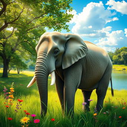 An elephant standing majestically in a lush green landscape, surrounded by vibrant flowers and tall grass