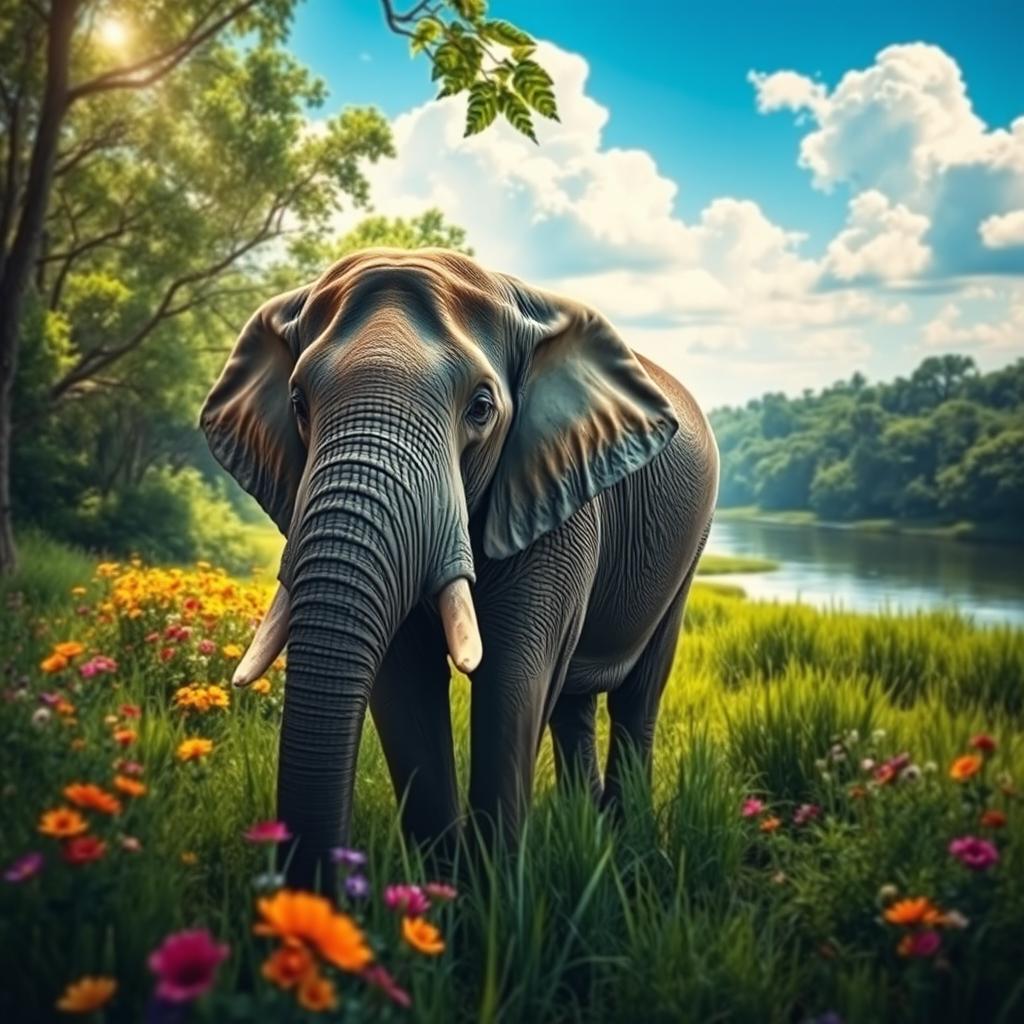 An elephant standing majestically in a lush green landscape, surrounded by vibrant flowers and tall grass