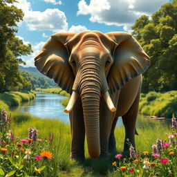 An elephant standing majestically in a lush green landscape, surrounded by vibrant flowers and tall grass