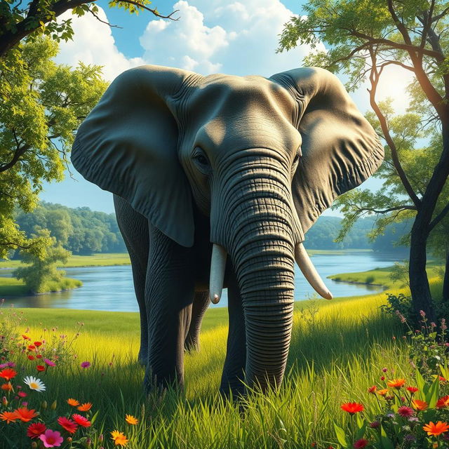 An elephant standing majestically in a lush green landscape, surrounded by vibrant flowers and tall grass