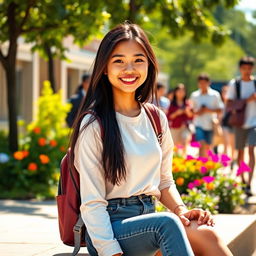 A beautiful Asian college girl sitting outdoors on a sunny day, wearing a stylish casual outfit with a trendy backpack