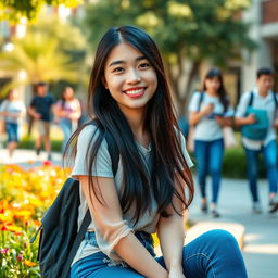 A beautiful Asian college girl sitting outdoors on a sunny day, wearing a stylish casual outfit with a trendy backpack