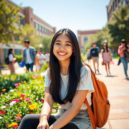 A beautiful Asian college girl sitting outdoors on a sunny day, wearing a stylish casual outfit with a trendy backpack