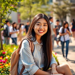 A beautiful Asian college girl sitting outdoors on a sunny day, wearing a stylish casual outfit with a trendy backpack