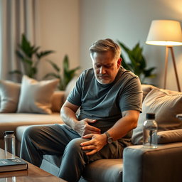 A middle-aged man in a modern living room, showing signs of discomfort while holding his lower limb, which appears to be experiencing pain