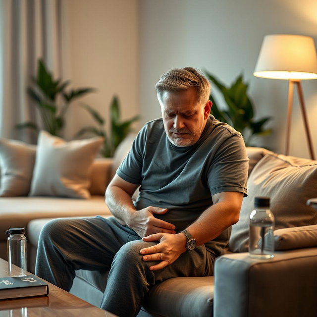 A middle-aged man in a modern living room, showing signs of discomfort while holding his lower limb, which appears to be experiencing pain