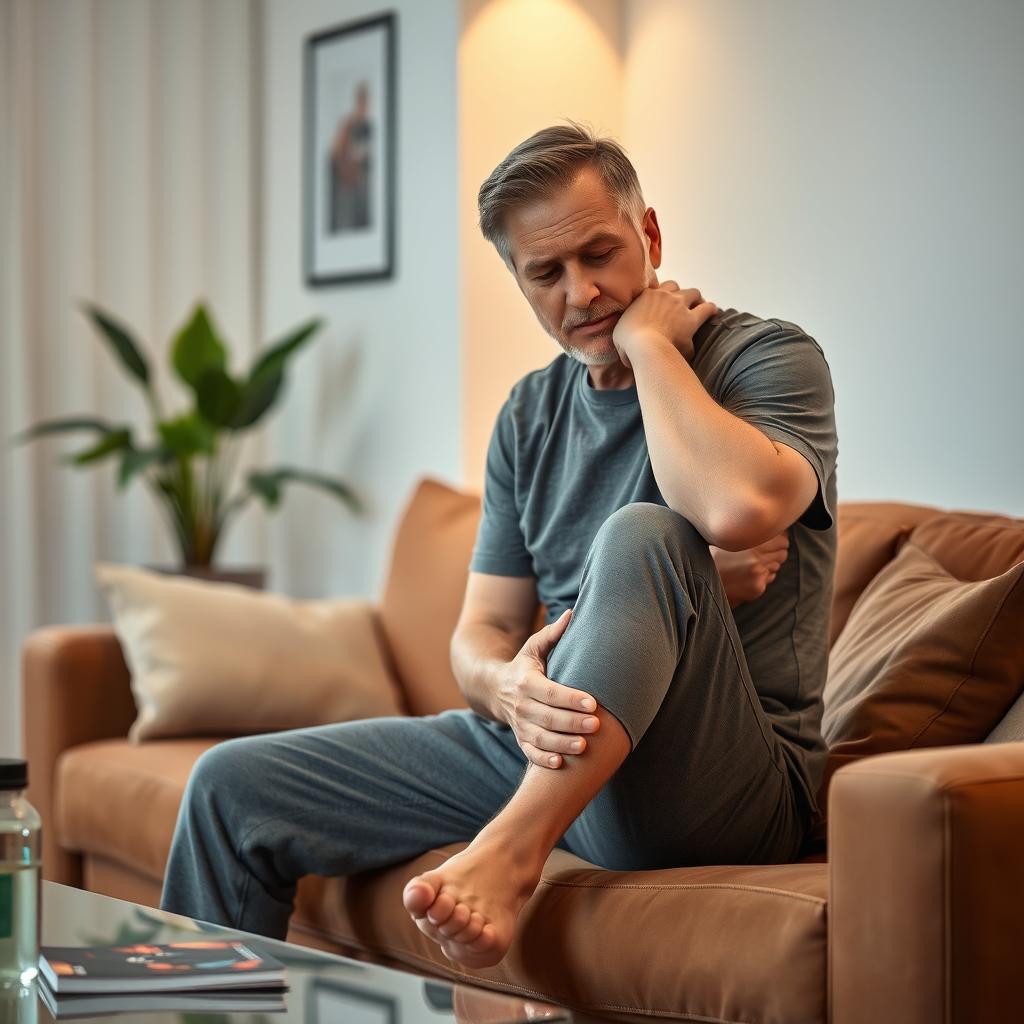 A middle-aged man in a modern living room, showing signs of discomfort while holding his lower limb, which appears to be experiencing pain