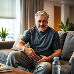 A middle-aged man in a modern living room, showing signs of discomfort while holding his lower limb, which appears to be experiencing pain