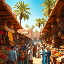 A creative interpretation of a vibrant and bustling bazaar in a Middle Eastern city, filled with colorful textiles and spices