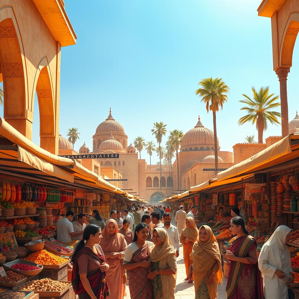 A creative interpretation of a vibrant and bustling bazaar in a Middle Eastern city, filled with colorful textiles and spices