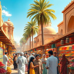 A creative interpretation of a vibrant and bustling bazaar in a Middle Eastern city, filled with colorful textiles and spices