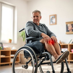 A man sitting in a wheelchair, visibly experiencing discomfort in his lower limbs