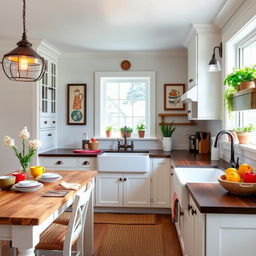 A beautifully decorated kitchen that blends modern and rustic styles, featuring sleek white cabinets, a large farmhouse sink, and a bright, airy atmosphere