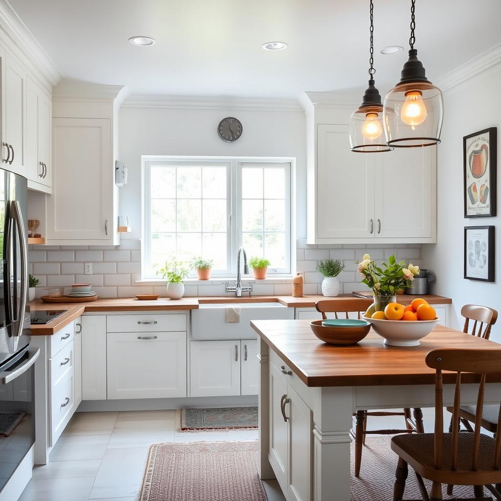 A beautifully decorated kitchen that blends modern and rustic styles, featuring sleek white cabinets, a large farmhouse sink, and a bright, airy atmosphere
