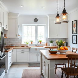 A beautifully decorated kitchen that blends modern and rustic styles, featuring sleek white cabinets, a large farmhouse sink, and a bright, airy atmosphere
