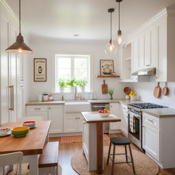 A beautifully decorated kitchen that blends modern and rustic styles, featuring sleek white cabinets, a large farmhouse sink, and a bright, airy atmosphere