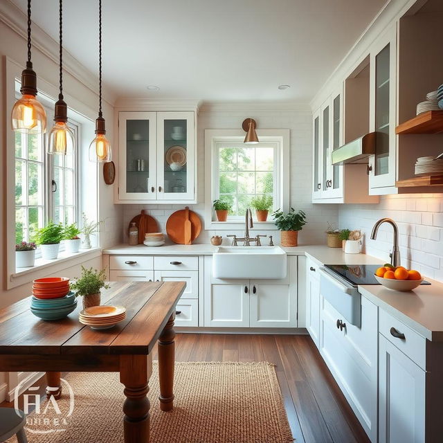 A beautifully decorated kitchen that blends modern and rustic styles, featuring sleek white cabinets, a large farmhouse sink, and a bright, airy atmosphere