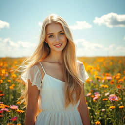 A beautiful young woman with long, flowing golden blonde hair and striking blue eyes