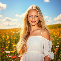 A beautiful young woman with long, flowing golden blonde hair and striking blue eyes