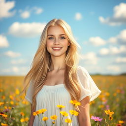 A beautiful young woman with long, flowing golden blonde hair and striking blue eyes