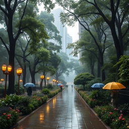 A serene scene of a rainy forest city, where towering trees with lush green foliage intermingle with sleek modern skyscrapers