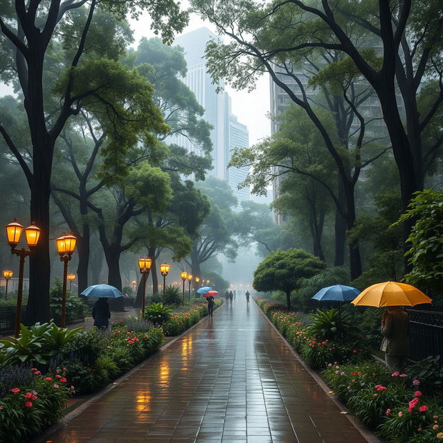 A serene scene of a rainy forest city, where towering trees with lush green foliage intermingle with sleek modern skyscrapers