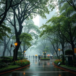 A serene scene of a rainy forest city, where towering trees with lush green foliage intermingle with sleek modern skyscrapers