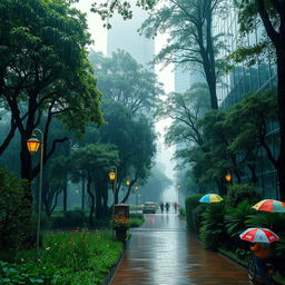 A serene scene of a rainy forest city, where towering trees with lush green foliage intermingle with sleek modern skyscrapers