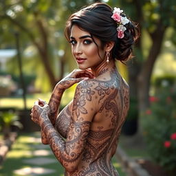 A stunning woman adorned with intricate henna designs covering her full body, showcasing a variety of traditional motifs and patterns